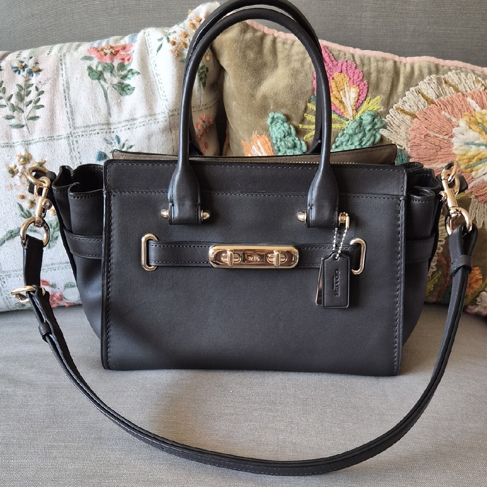 Coach Dark Charcoal Leather Satchel with Gold-Tone Hardware